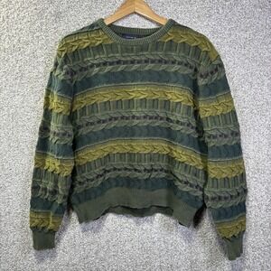 Cotton On Sweater Mens Large Green Cable Knit Striped Crewneck Pullover Casual